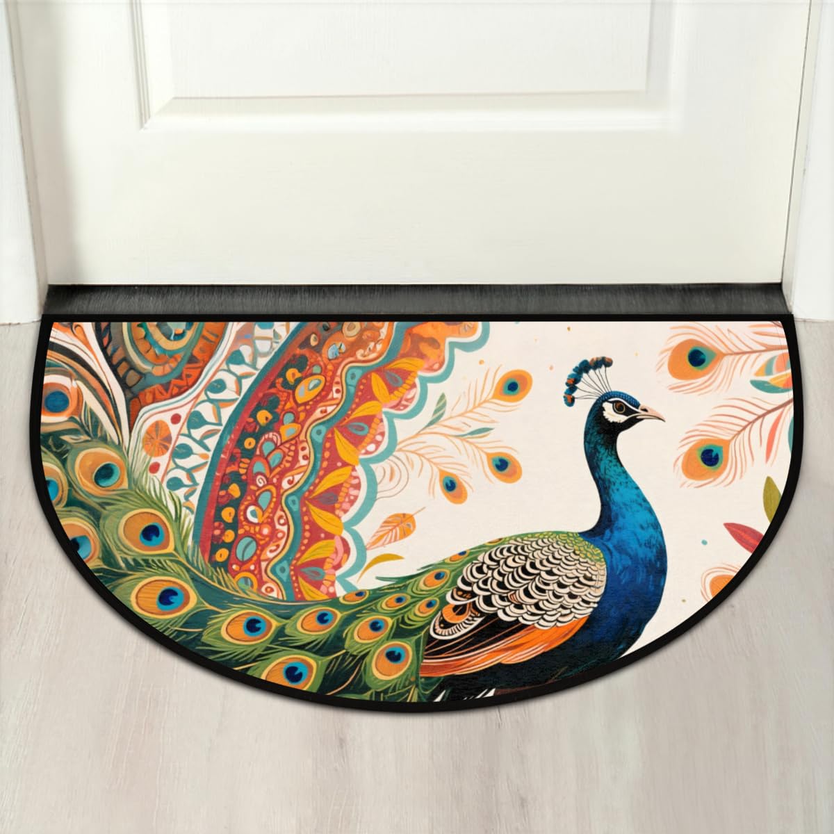 Half Round Decorative Area Rug Hand-Painted Peacock (005) Semi-Circle Floor Mat