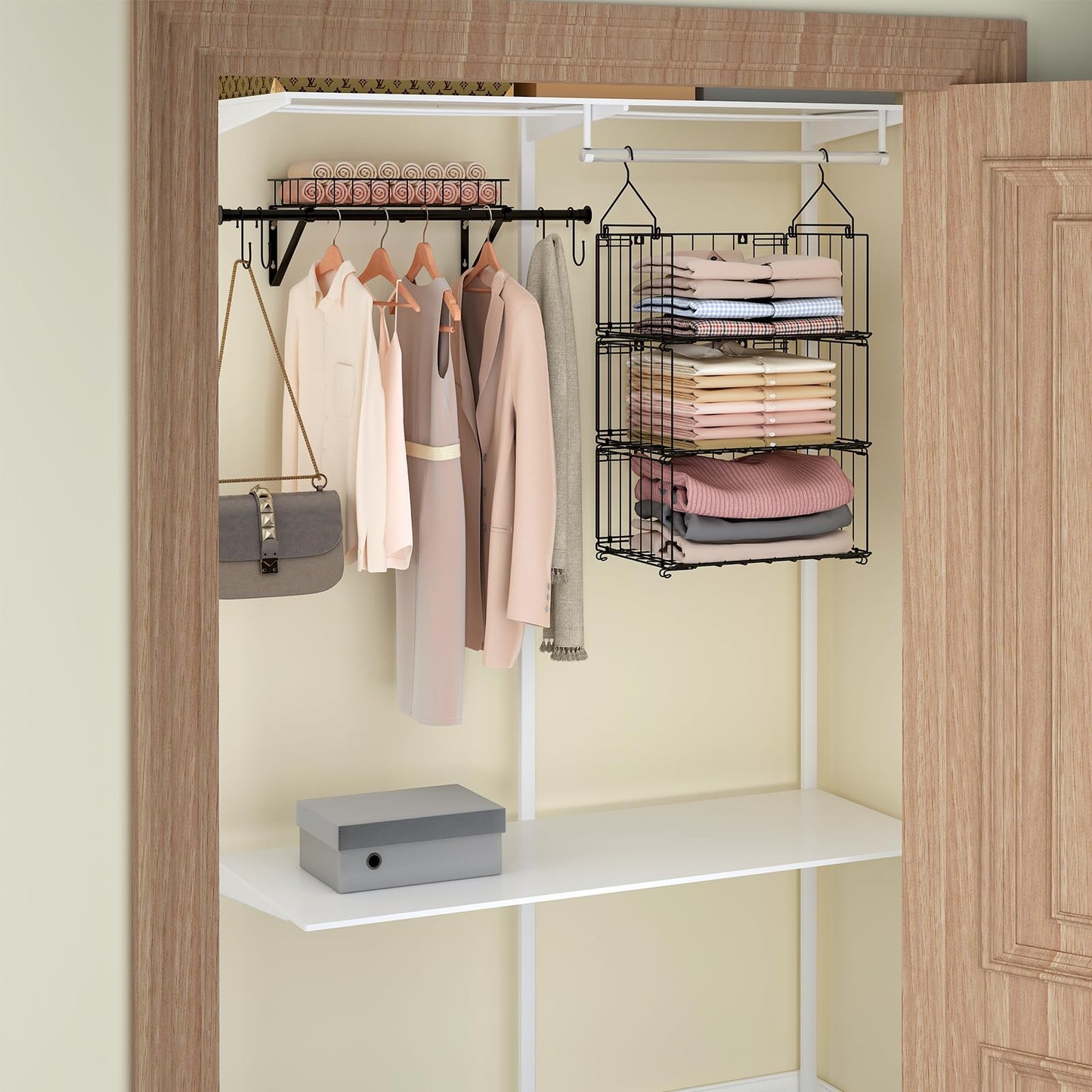 BUKFEN 3 Tier Hanging Closet Organizer, Wall Mounted Wire Storage Shelf with 4 Hooks, Foldable Stackable Organizer for Laundry Room, Bedroom, Bathroom, 1 Pack