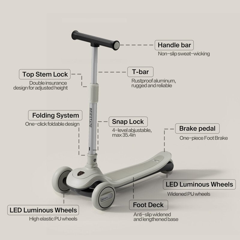 BEIESTATE 3 Wheel Scooter for Kids Ages 3-18, Up to 220 Lbs, Kids Scooter with Adjustable Lean-To-Steer Switch, Foldable, Lightweight, Wide Anti-Slip Deck, Adjustable Height Handlebar, Light-Up Wheels