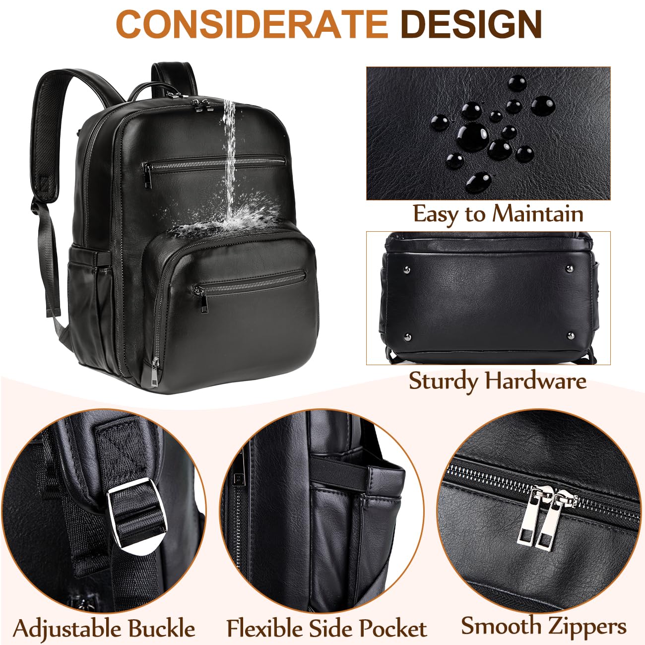 VASCHY Diaper Bag Backpack for Mum Dad, Unisex Large Waterproof Vegan Leather Baby Bag with Changing Pad,Insulated Pockets,Padded Laptop Sleeve for Travel,Black