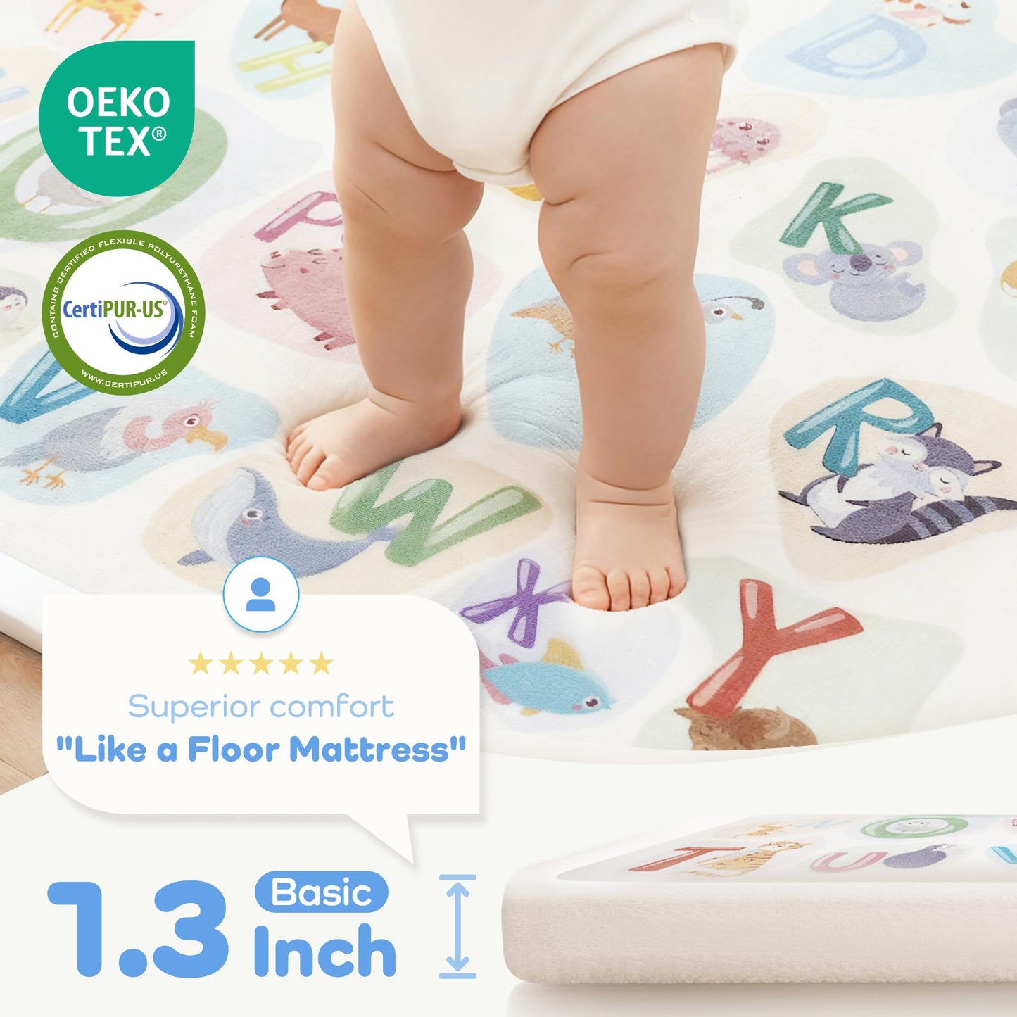 PaPaMat 1.3" Thick Educational Baby Floor Play Mat 79x158, Basic Padded Memory Foam Kids Mat, Extra Large Non-Slip Plush Playmat for Nursery Playroom Classroom (ABC Animal)