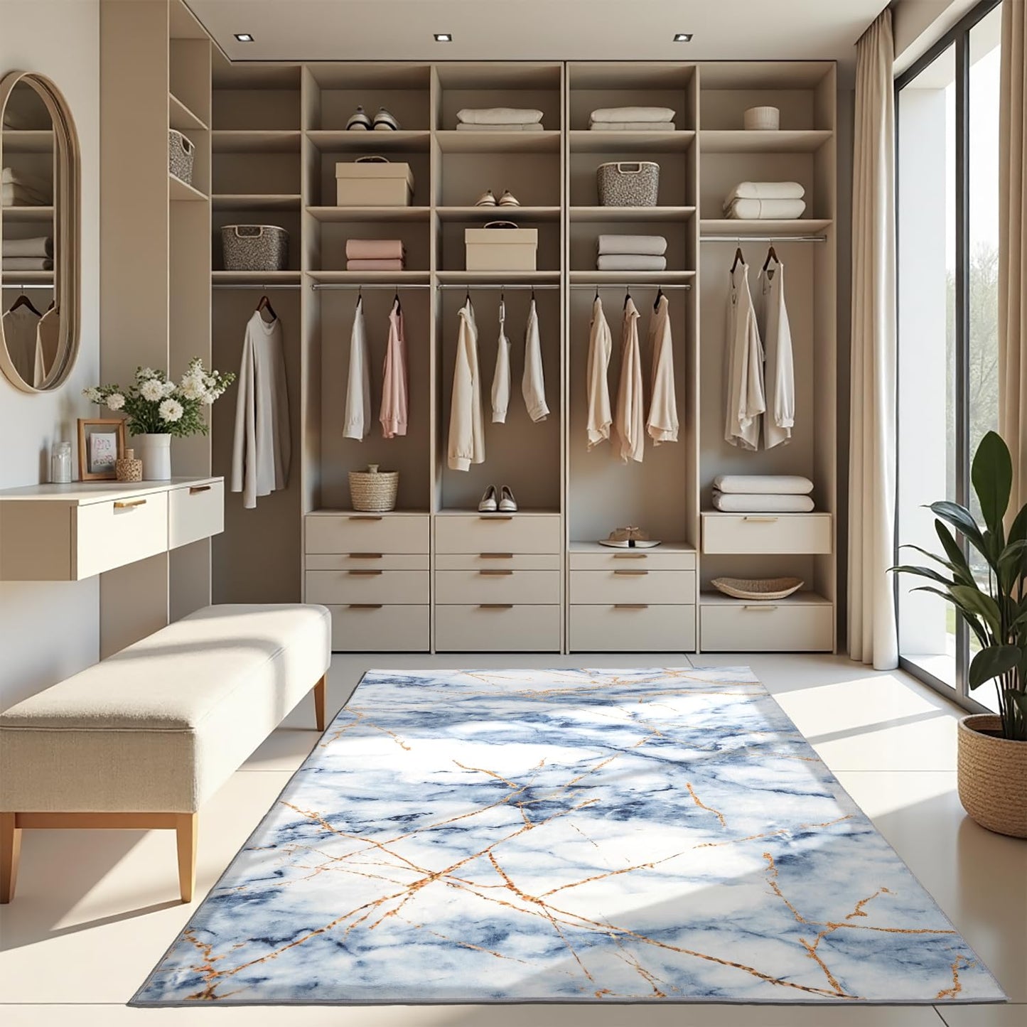 HOISUN Non-Slip Marble Pattern 6x9ft Area Rug with Gold Veins,Low Pile Modern Minimalist Design, Durable & Easy - Clean, Perfect for Living Room, Bedroom, or Dining Room-Blue