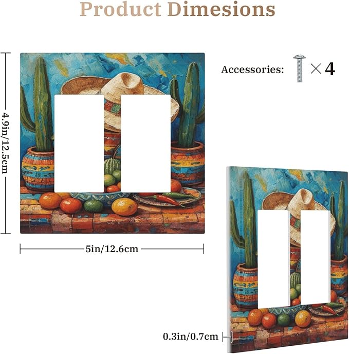 Decorative Art Light Switch Covers Mexican Sombrero & Serape Vibes 2 Gang Dual Rocker Outlet Switch plate Faceplate GFCI for Home Decor