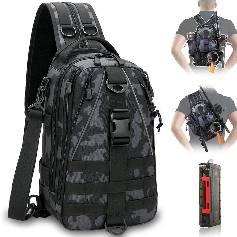 Aertiavty Compact Fishing Tackle Bag with Tackle Box and Rod Holder - Outdoor Sport Fishing Backpack (Black, Small)