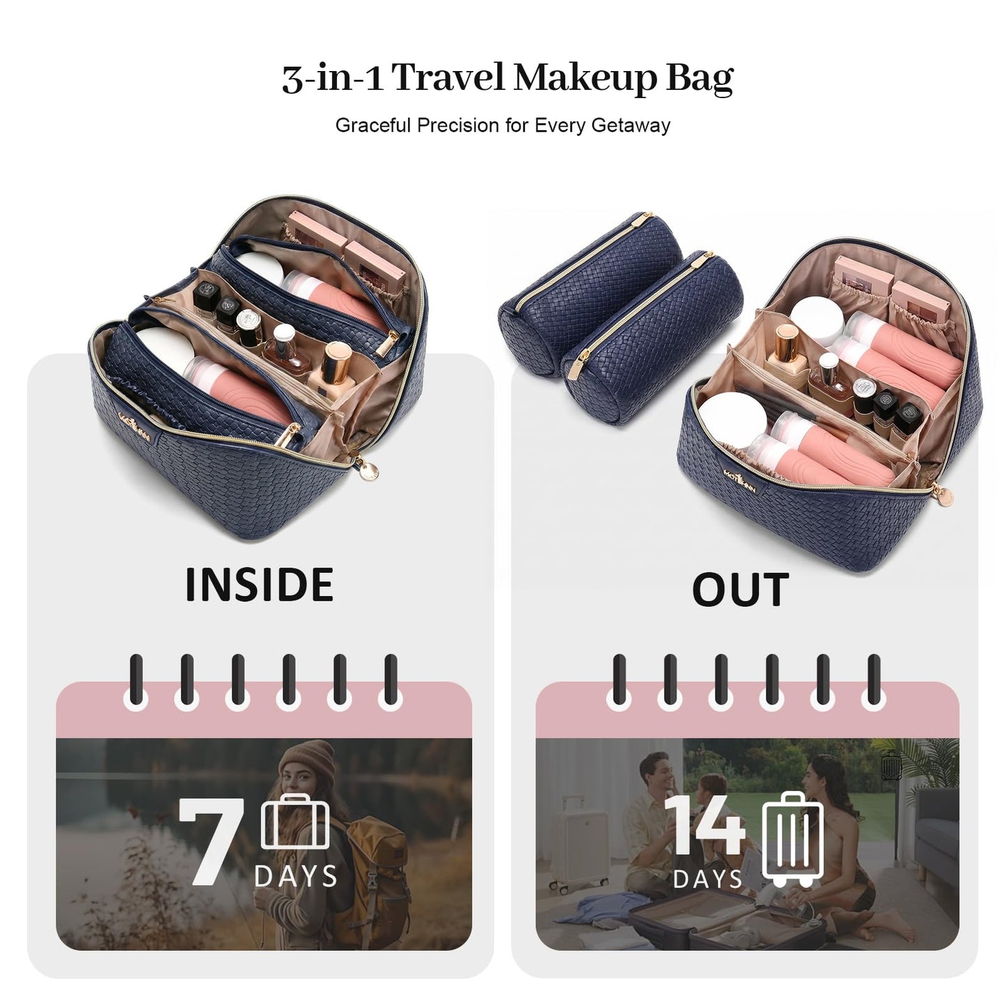 Travel Makeup Bag for Women: 3 Pcs Set Cosmetic Bags for Women - Large Capacity Vagen Leather Hand-made for Toiletry Organizer - Waterproof Ladies Travel Flat Open Essentials for Luxury (03Blue)