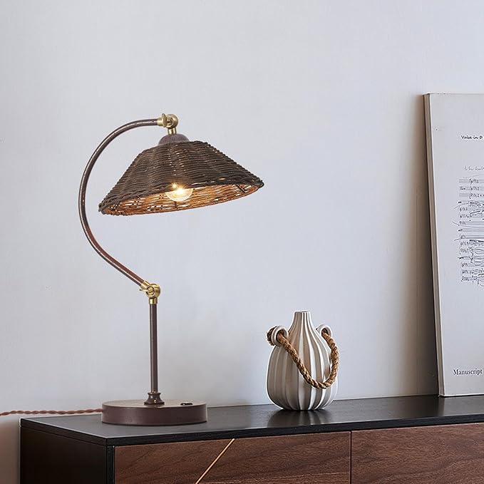 2 Pack Woven Rattan Bedside Table Lamp for Bedroom,Boho Plug in Handmade Rattan Shade&Anti-Rust Iron Base Desk Lamp,Plug & Play Vintage Dark Brown Nightstand Lamp for Living Room,Office【Bulb Included】