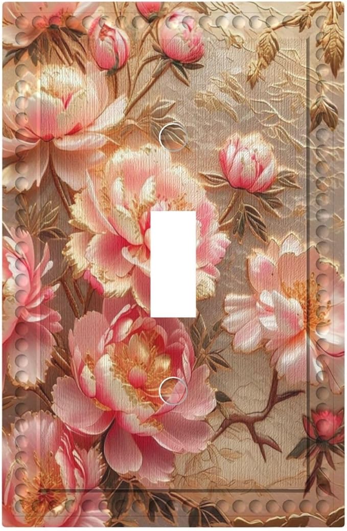 Pink Blooming Flowers Peonies Floral Light Switch Covers 1 Gang Single Toggle Wall Plate Decorative Switchcover Electrical Switchplate for Farmhouse Living Decor