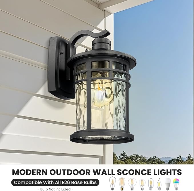 Outdoor Wall Light Fixtures Waterproof Outdoor Porch Light with Water Ripple Glass Black Finish Outdoor Porch Lights Wall Mounts for House 14.6 Inch Height