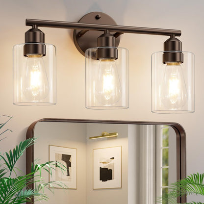 Percantis 3-Light Bathroom Vanity Light Fixture, Modern Wall Lamp for Mirror with Clear Glass Shade (D-Clear Glass & Brown)