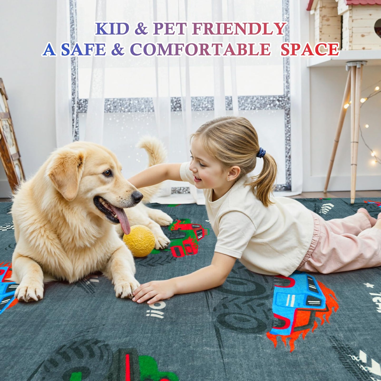 STARUIA 5x7 Washable Car Rugs for Boys Room, Large Cool Race Truck Kids Rug for Bedroom, Soft Boys Play Rug Construction Carpet for Kids Room Playroom Living Room（Grey