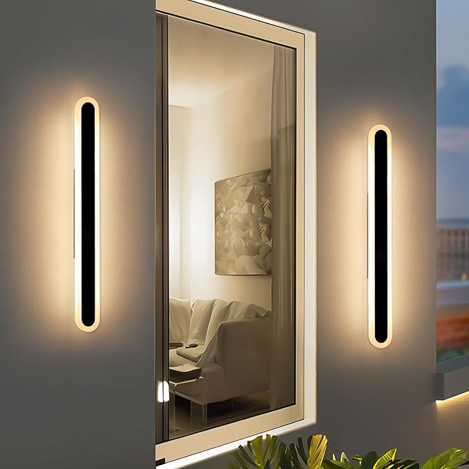 2 Pack 39.3inch Modern Outdoor Wall Light Fixture, IP65 Waterproof Oval LED Wall Mounted Sconce, 3000K Warm White, 36W, Black Strip Exterior Lighting for House, Backyard, Garden, Garage
