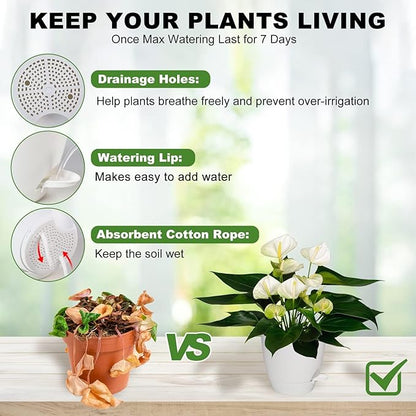 Plant Pots, 7/6.5/6/5.5/5 Inch Self Watering Planters, Pots for Indoor Plants with Drainage Hole for Succulents, African Violet (Matte White)