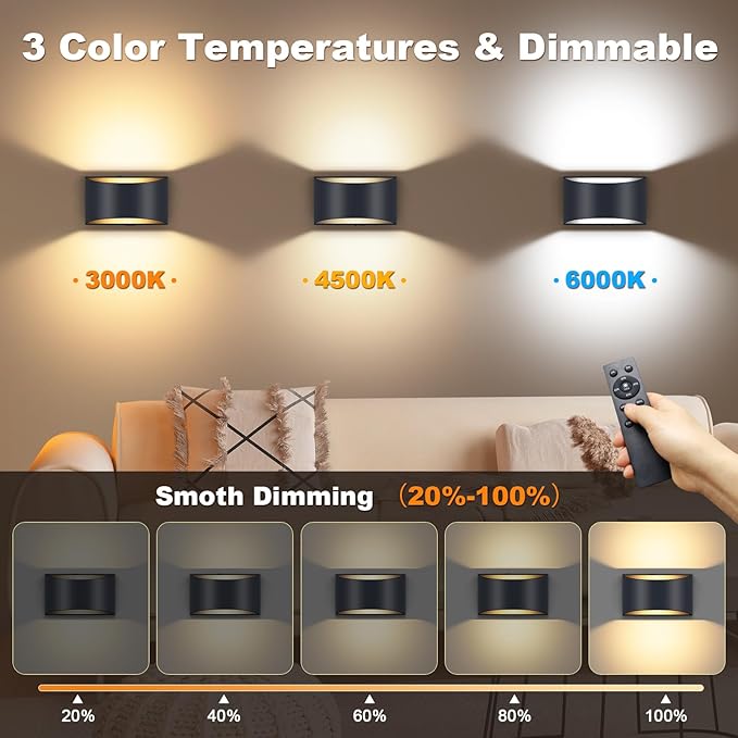 Battery Operated Wall Sconce with Remote Control,No Hardwired Aluminum Black Modern LED Wall Sconce Indoor,50W Equivalent Battery Wall Light,3000K-6500K Dimmable Wall Lamp