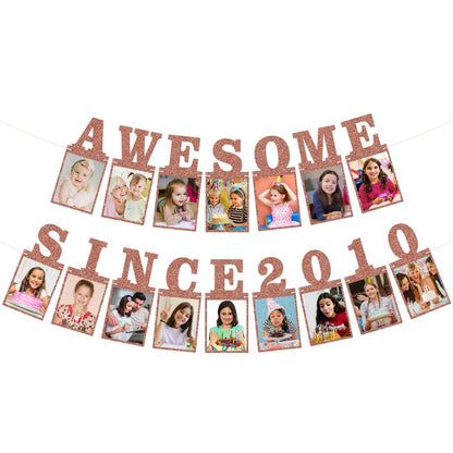 Pre-strung Awesome Since 2010 Photo Banner Birthday Decorations for Girls Women- Pink Rose Gold Glitter Sweet 16th Birthday and Anniversary Decorations Party Supplies