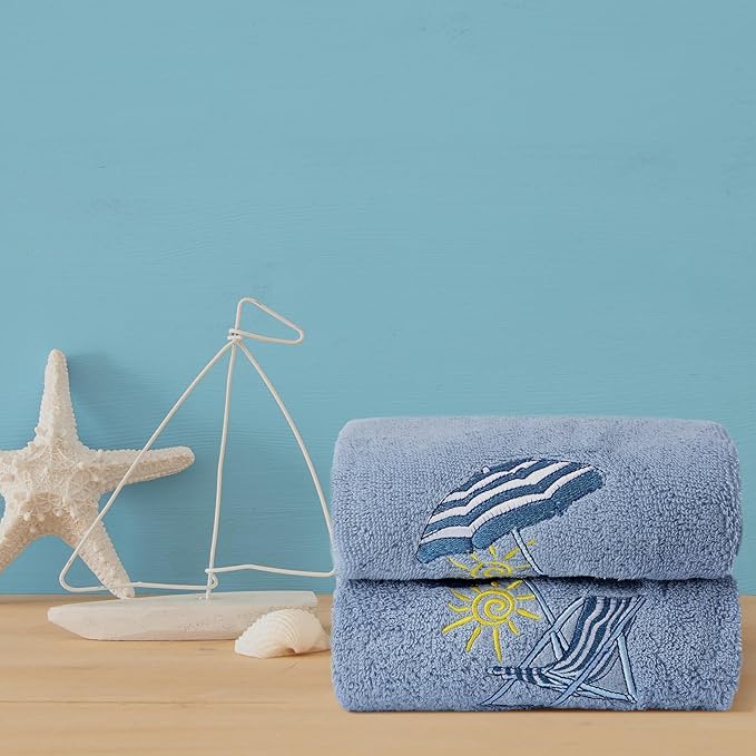 2 Pcs Beach Chair Hand Towels Slate Blue Bathroom Decor 14x29 Inch Embroidered
