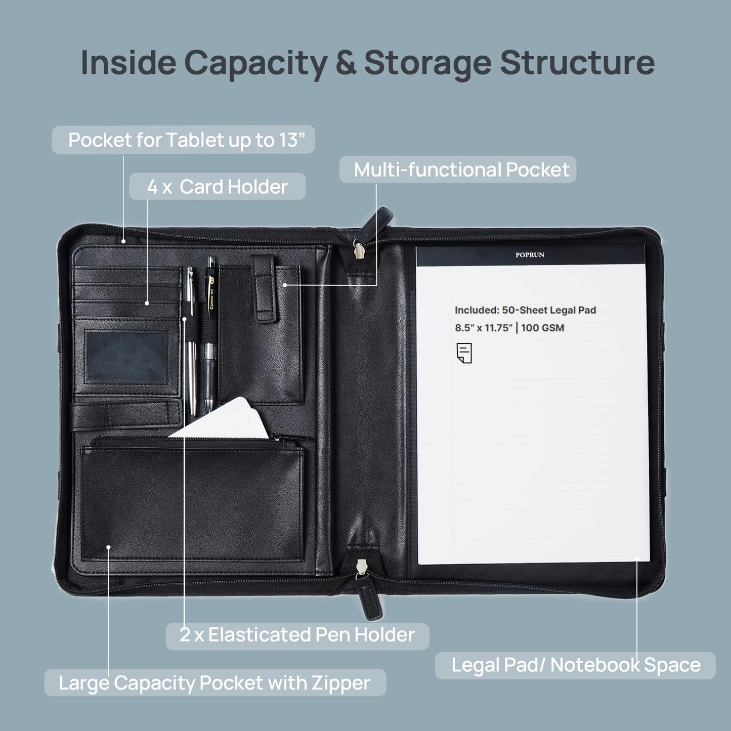 POPRUN Professional Zippered Portfolio Binder - Leather Padfolio Organizer with Notepad, Tablet Sleeve & Handles for Business, Meetings, Interviews, and Daily Office Use, Black