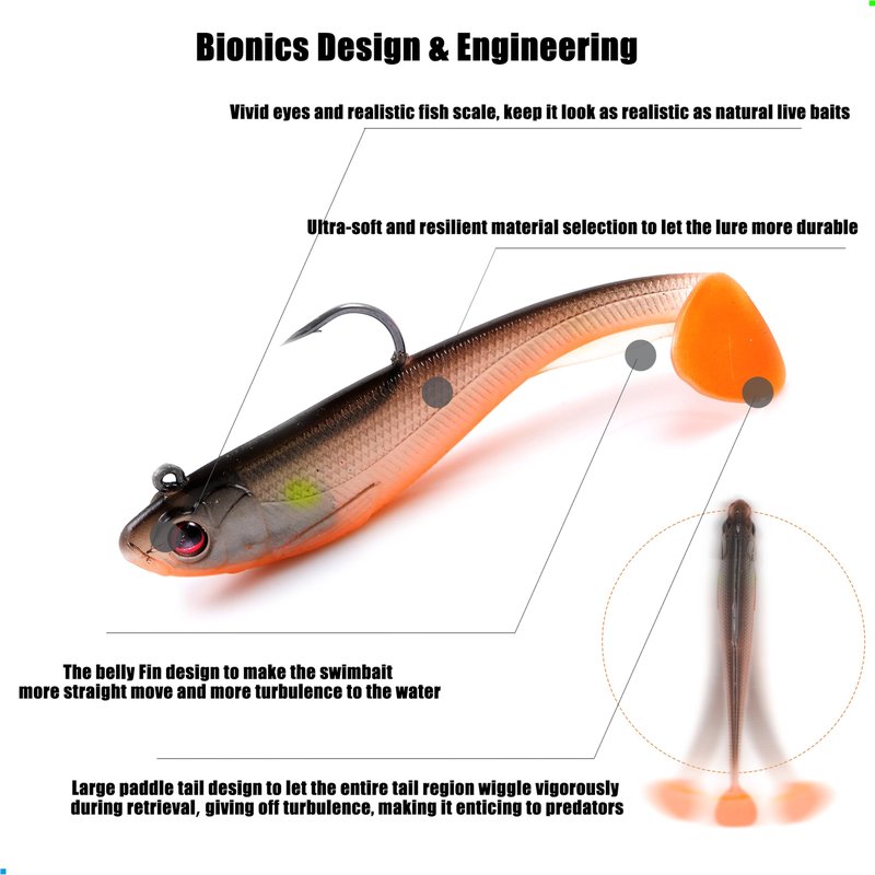 EXAURAFELIS 6Pcs Pre-Rigged Paddle Tail Swimbaits, Soft Shadtale Lures with Jig Heads, Vibrating Sinking Lures for Bass, Trout, Walleye, Pike, Muskie, Crappie, Freshwater & Saltwater Jigging Bait