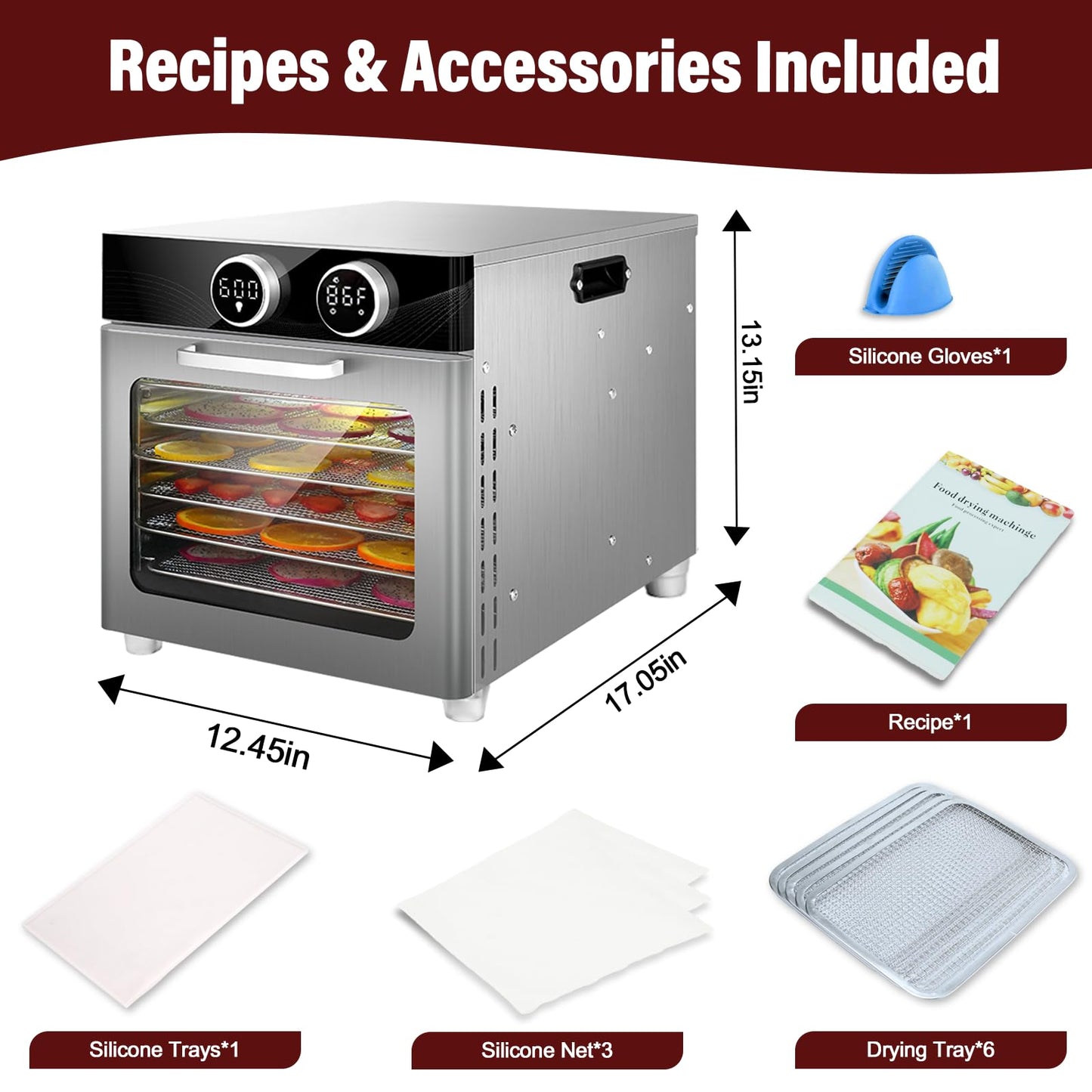 Food Dehydrator with 6 Stainless Steel Trays, with Electronic knob, 194°F Temperature Adjustable and 0-15 Hour Digital Timer, 800W dehydrators, low noise, for Dog Treats, Meat, Fruit, Jerky and Herbs