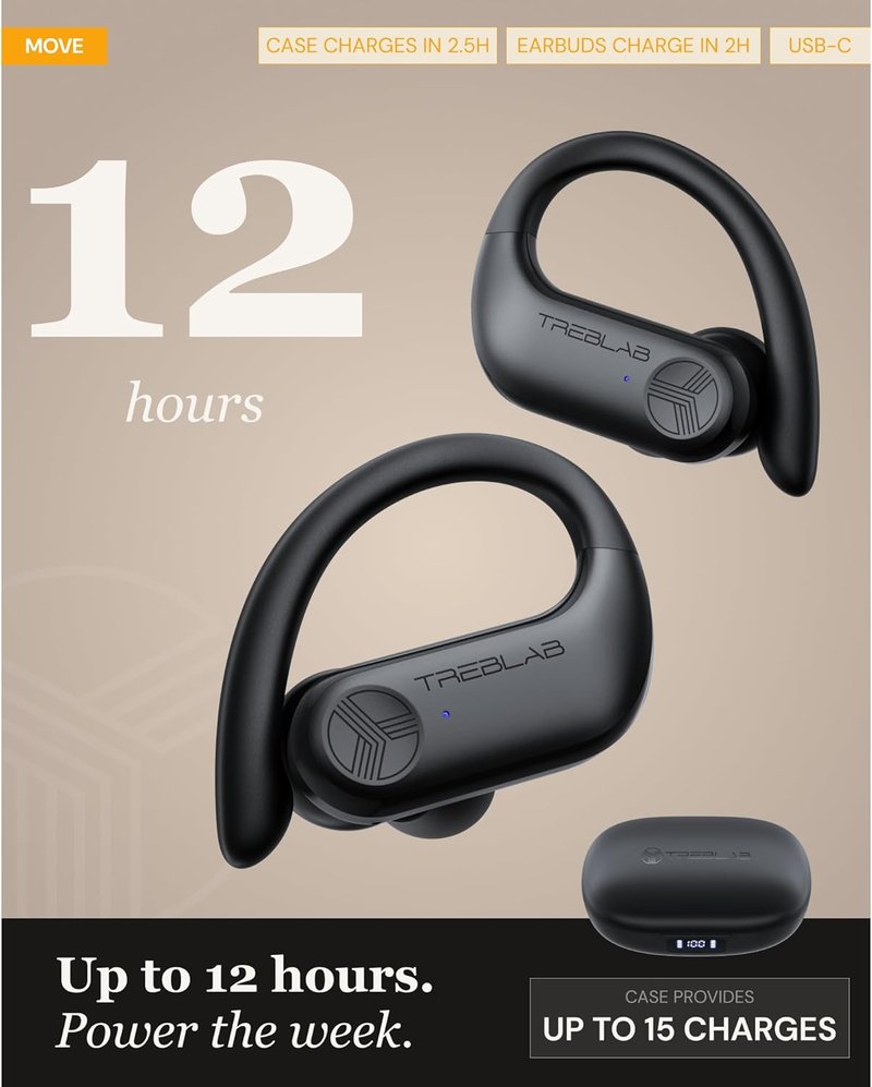 TREBLAB X3 Pro - Wireless Sports Earbuds | Comfortable Bluetooth Headphones with Secure Ear Hooks, 12H Battery Life, IPX5 Sweatproof