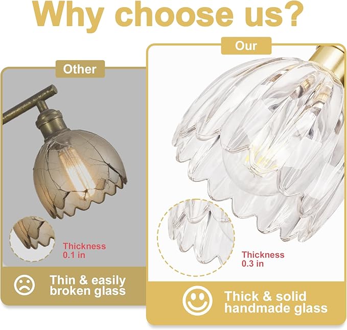 Vintage Bathroom Light Fixtures,2-Light Hardwired Vanity Lights Over Mirror,Gold Wall Sconces with Clear Tulip Glass Shade for Bathroom Living Room,E26 Socket(Bulbs Not Included)