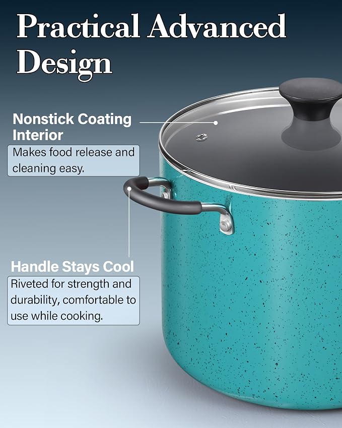 Cook N Home Professional 8 Quart Non Stick Stock Pot with Lid, Riveted Handles, Big Soup Pot for Holiday Feasts, Stockpot with Even Heating, Induction Cookware, Oven & Dishwasher Safe, Turquoise
