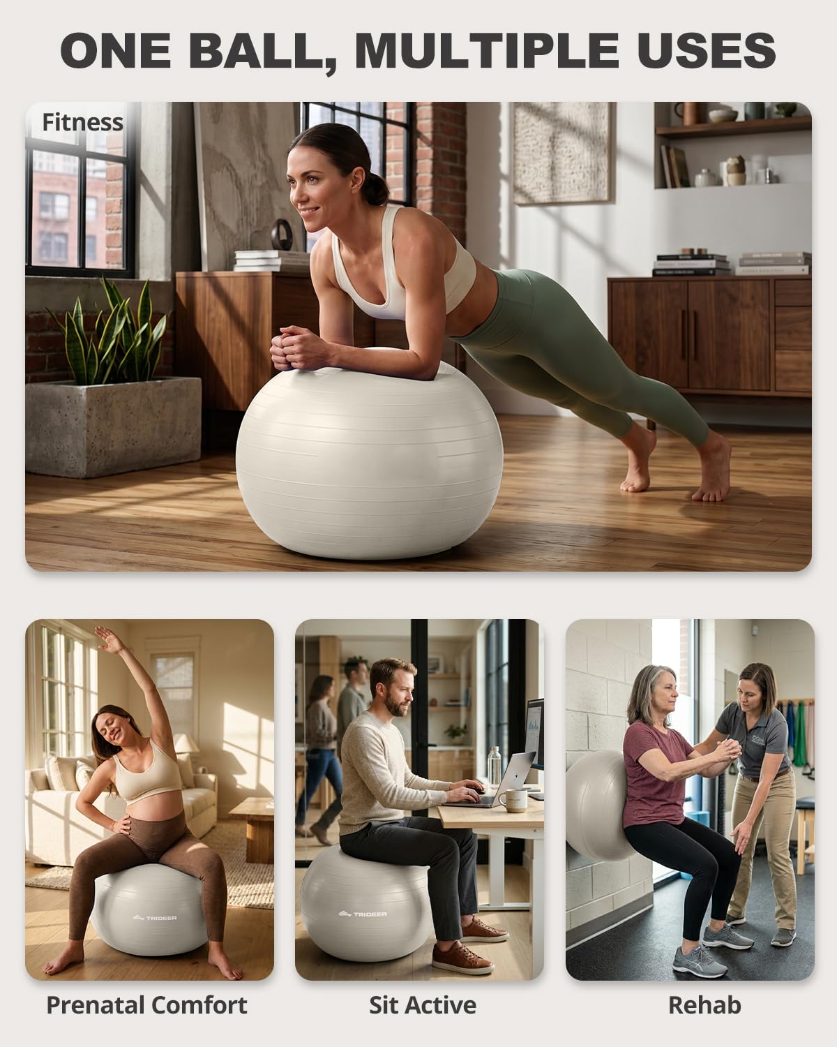 Trideer Exercise Ball for Yoga, Pilates & Fitness – Stability Ball Equipment for Home Gym & Office Chair, Core & Balance Training Accessories, Physical Therapy Equipment, Quick Pump Included, 5 Sizes