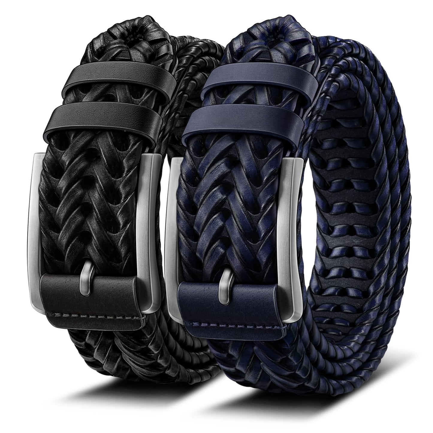 BULLIANT Men Belt, Braided Leather Belt Adjustable For Men Casual Jeans Golf 1 3/8"(Black/Blue,26"-30" Waist Adjustable)