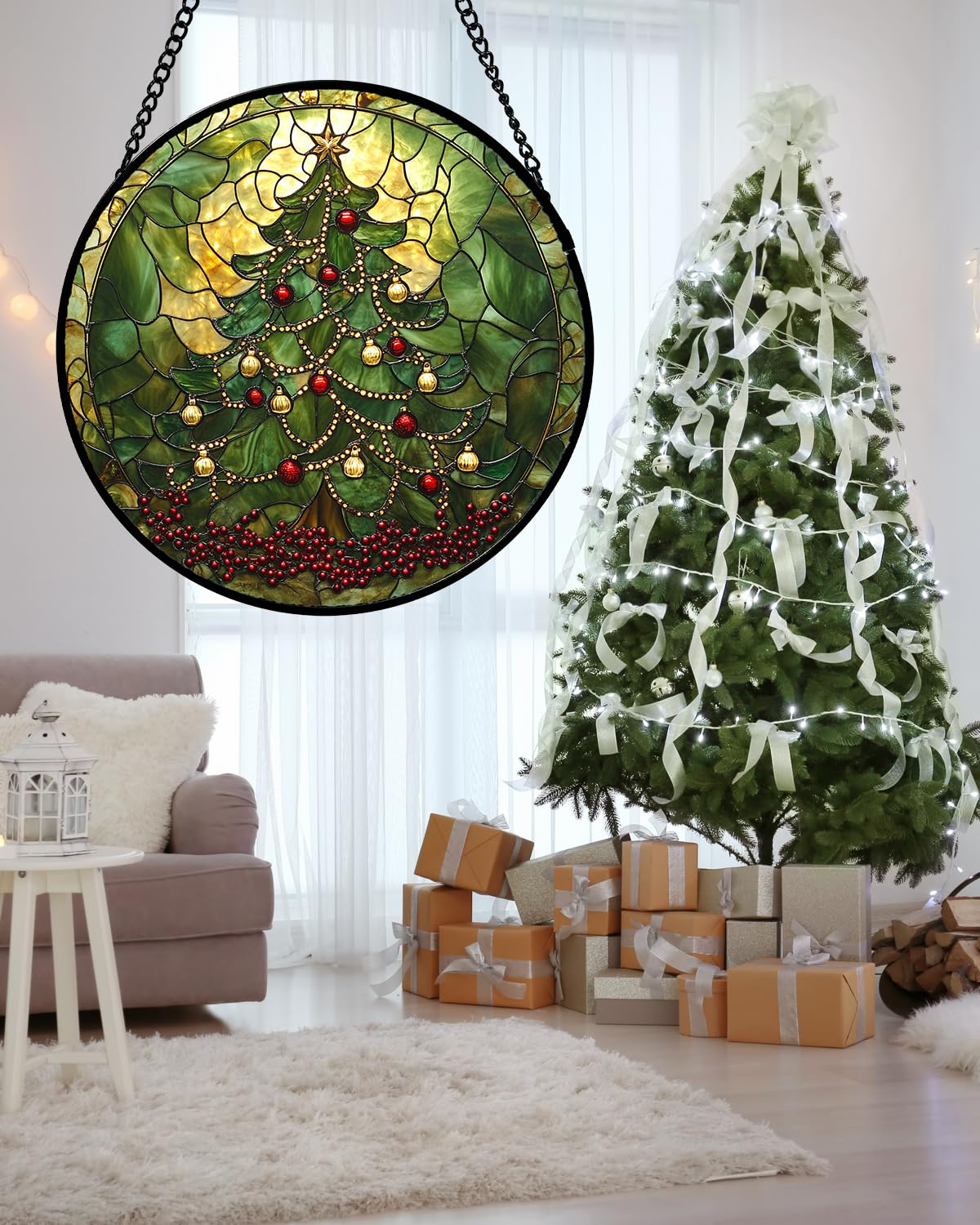 Stained Glass Window Hanging - Retro Green Christmas Tree Suncatcher for Doors Home Christmas Decoration Sun Catcher Thanksgiving New Year Birthday Gifts for Women Men Mom Nana 11.8 in