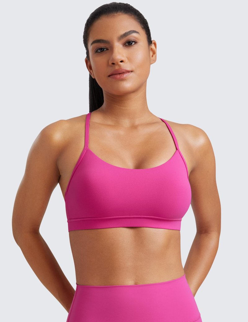 CRZ YOGA Butterluxe Y Back Sports Bras for Women - Padded Racerback Low Impact Spaghetti Thin Strap Workout Yoga Top Hibiscus Purple Medium