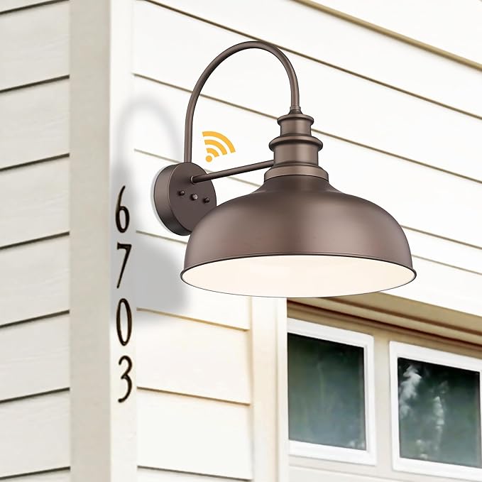 Bestshared Dusk to Dawn Gooseneck Barn Lights 16 Inch Dome Anti-Rust Farmhouse Outdoor Wall Sconce Outside Wall Mount Lighting Fixture Front Door Lantern Lamp for Patio(ORB+White,16” Dome-2Pack)