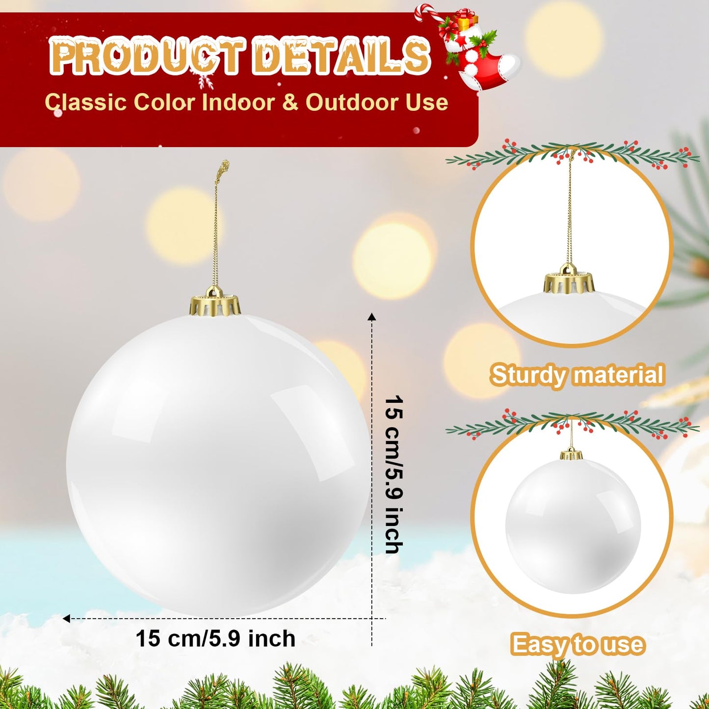 Hiboom 4 Pcs Christmas Ball Ornaments Plastic 6 Inch Christmas Tree Decoration Balls Large Xmas Decorative Hanging Ornament for Home Outdoor Outside Holiday Lawn Yard Party Supplies(White)