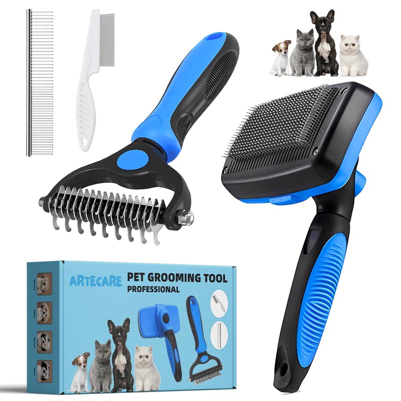 Artecare 4 in 1 Skin Friendly Grooming kit including Dematting Rakes,Self Cleaning Slicker Brush,Deshedding Brush,Flea Comb for Haired cat Dog and Small Animals.
