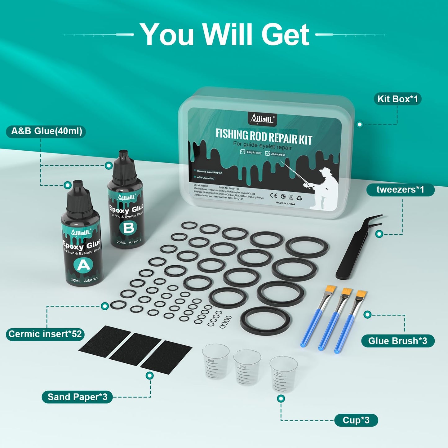 ailiaili Fishing Rod Repair Kit, Fishing Pole Eyelet Repair -13 Sizes 52Pcs Ceramic Guide Rings for Replacement, Rod Tip Accessories & Gear | High-Hardness | Low-Friction/w A&B Epoxy Glue Tweezer