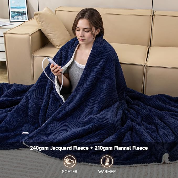 Heated Blanket Full Size - 72"x84" Cozy Soft Jacquard Heating Blanket with 4 Heat Levels & 10 Hours Auto-Off, Jacquard Fleece, Overheating Protection, Warm Gifts, Navy