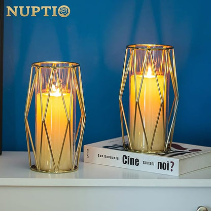 Nuptio Gold Pillar Candle Holder: 8 Pcs Glass Hurricane Candles Holders with Geometric Metal Rack Stand for Wedding Birthday Party Centerpieces - Decorative Flower Vase for Office Living Room