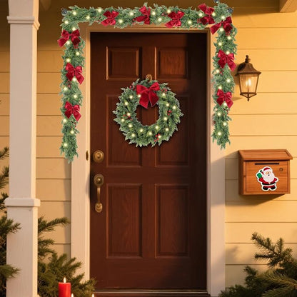 26 Inch Christmas Wreaths for Front Door with Lights,Lighted Cedar Door Wreath,Prelit Real Touch Artificial Green Winter Wreath with Large Burgundy Velvet Bow for Indoor Outdoor Decor