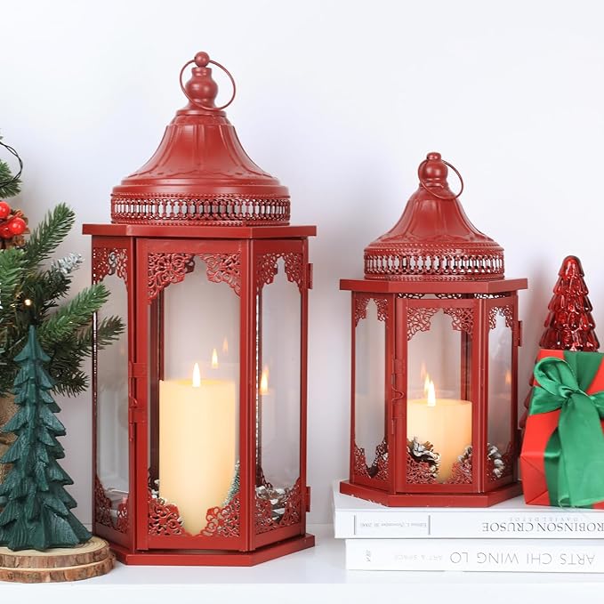 NEEDOMO Christmas Decorations Set of 2, 22''/15'' Christmas Lantern with Glass Panels for Home Decor, Decorative Hanging Lantern Indoor Outdoor for Xmas Table Centerpieces, Porch, Patio(Red)