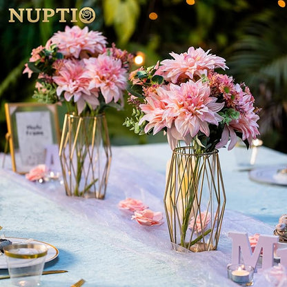 Nuptio Gold Pillar Candle Holder: 8 Pcs Glass Hurricane Candles Holders with Geometric Metal Rack Stand for Wedding Birthday Party Centerpieces - Decorative Flower Vase for Office Living Room