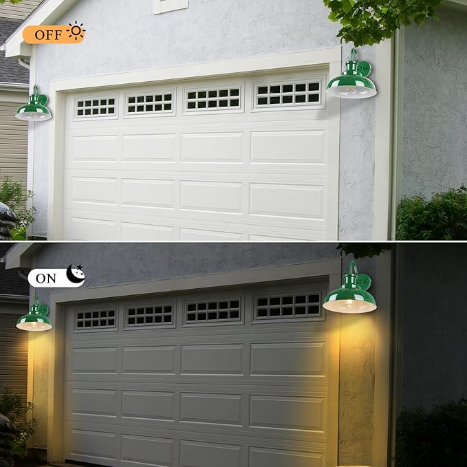 Outdoor Gooseneck Barn Lights - Rustic Farmhouse Exterior Mount Lights, Vintage Indoor/Outdoor Wall Lighting Fixtures, Industrial Green White Porch & Garage Lanterns - RZ007-2 GR+WH