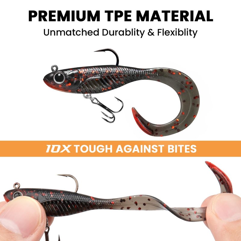 TRUSCEND Duramax Easy Catch TPE Soft Fishing Lures with BKK Hooks, Trembly Sinking and Vibrating Swim for More Bites, Pre-rigged Tear-Resistant Swimbaits for Bass, Trout, Crappie, Freshwater Saltwater