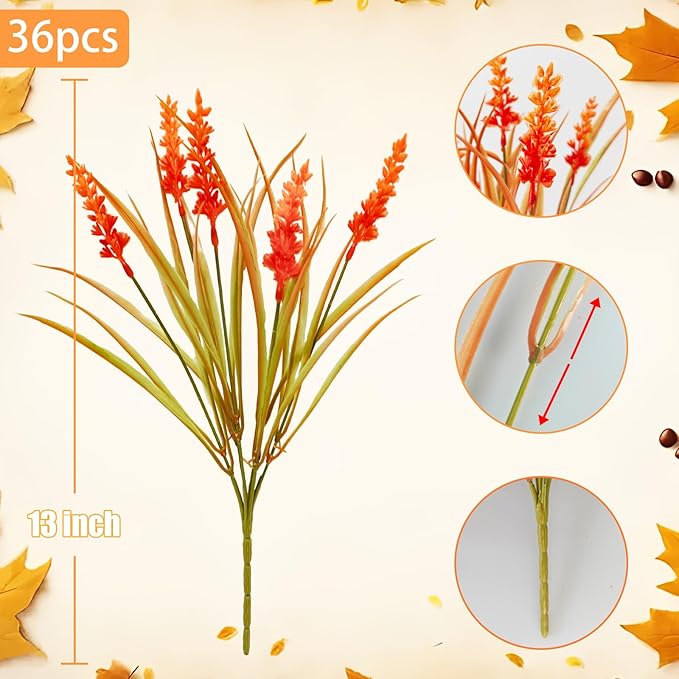 36 Bundles Artificial Fall Flowers Outdoors Fake Fall Lavender Flowers UV Resistant No Fade Plastic Faux Fall Plants for Indoor Home Porch Autumn Thanksgiving Fall Decorations (Orange)
