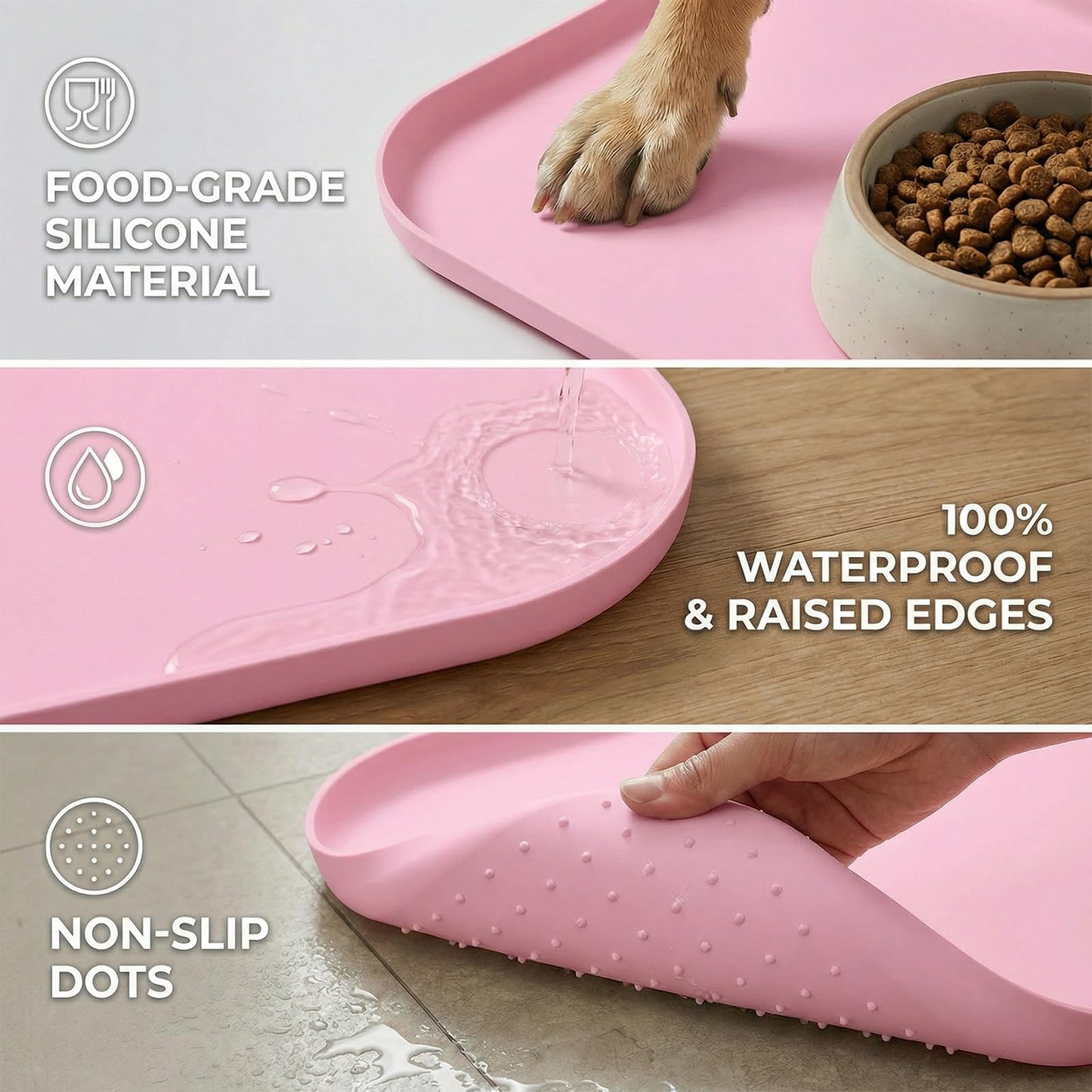 BLESWIN Waterproof Silicone Pet Feeding Mat Pink with Raised Edge,24" x 16"Non-Skid Spill Proof Dog Bowl Mats, Easy Clean Cat Bowls Placemat for Cats and Dogs