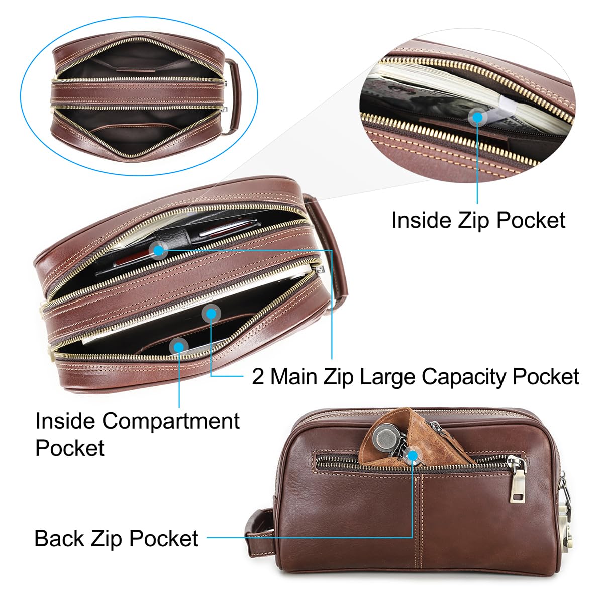 CONTACTS Full Grain Leather Toiletry Bag with Lock for Men Travel Bag Shaving Dopp Kit Organizer Clutch with Handle and Double Combination Lock