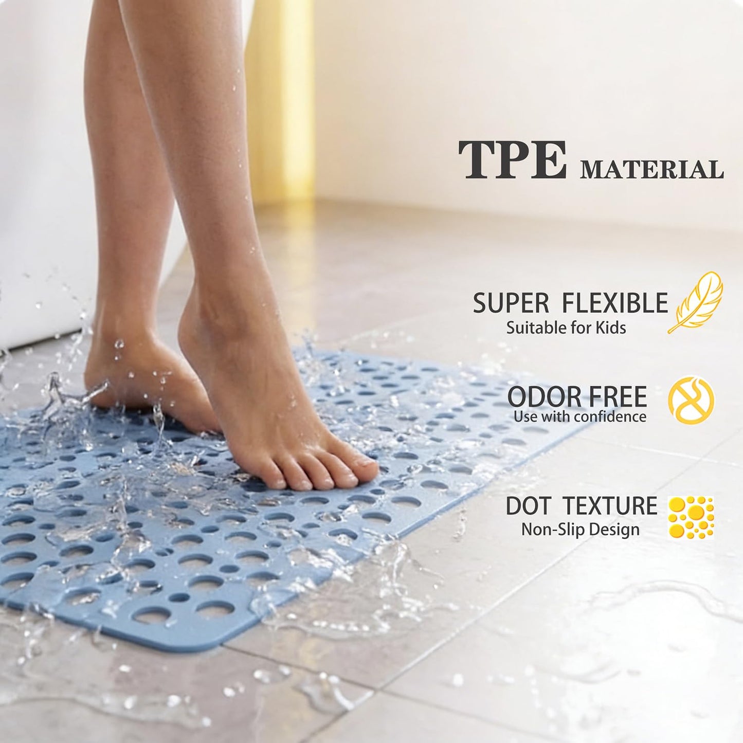 Nonslip Bathtub Mat Extra Soft TPE Bath Mat for Kids, Machine Washable Bathroom Shower Mat, Smooth/Non-Textured Tubs Only, 30L x 17W Inch (Blue)