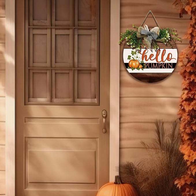 Hello Pumpkin Sign for Front Door Fall Rustic Harvest Hanging Sign With Bow and Wreath Thanksgiving Welcome Wood Sign Door Signs for Farmhouse Autumn Home Porch Wall Holiday 12 Inch