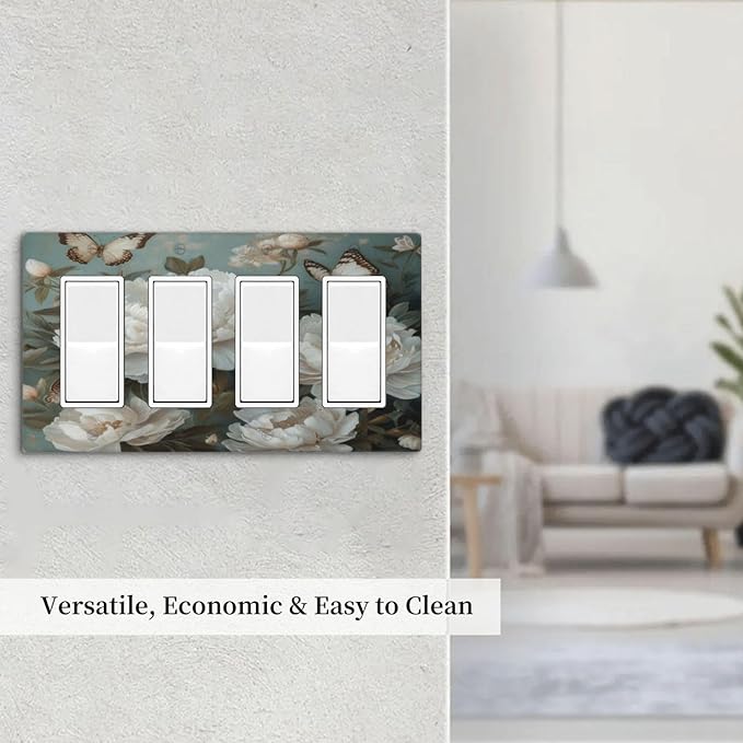 Decorative Art Light Switch Covers Butterflies & Peonies 4 Gang Rocker Decora Outlet Covers Electrical Faceplate GFCI Wall Plate for Home Decor