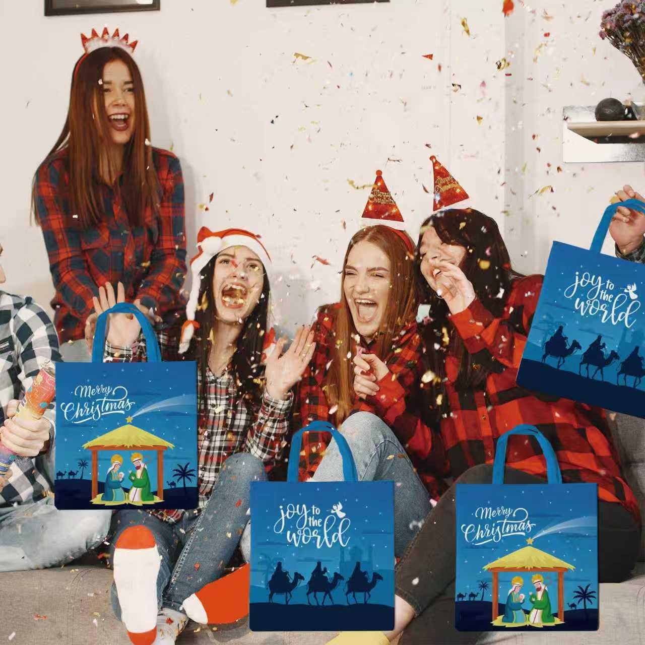 Lyosehy 12PCS Christmas Nativity Non Woven Bags Merry Christmas Goodie Bags Bulk with Handle Joy to the World Party Treat Bags for Jesus Holiday Theme Birthday Party Supplies Decorations
