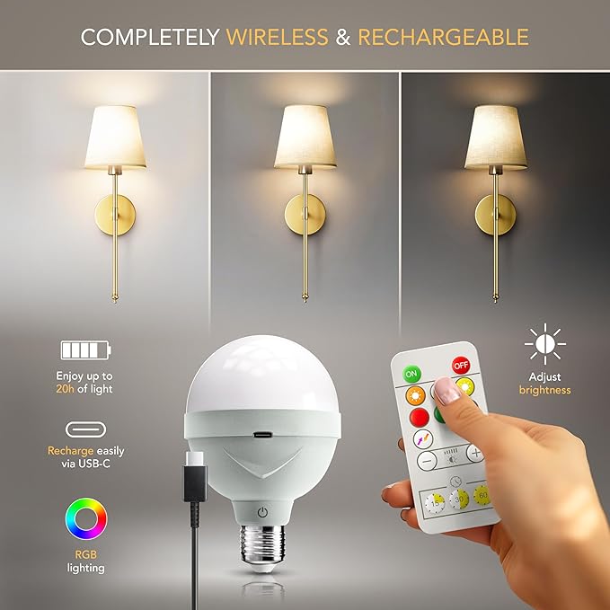 Set of 2 Wireless Wall - Stick-On or Screw Mount for Easy Installation, Rechargeable LED Bulbs, Remote Controlled, Adjustable Brightness, The Original Wireless Wall Lamps (Silver)