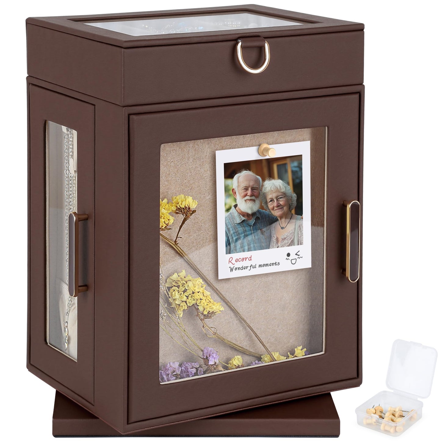 Kendal 360° Rotating Jewelry Box - Brown PU Leather Jewelry Organizer with Shadow Box & Pinboard, Detachable Top Tray, Drawers & Push Pins for Personalized Accessory Display & Storage