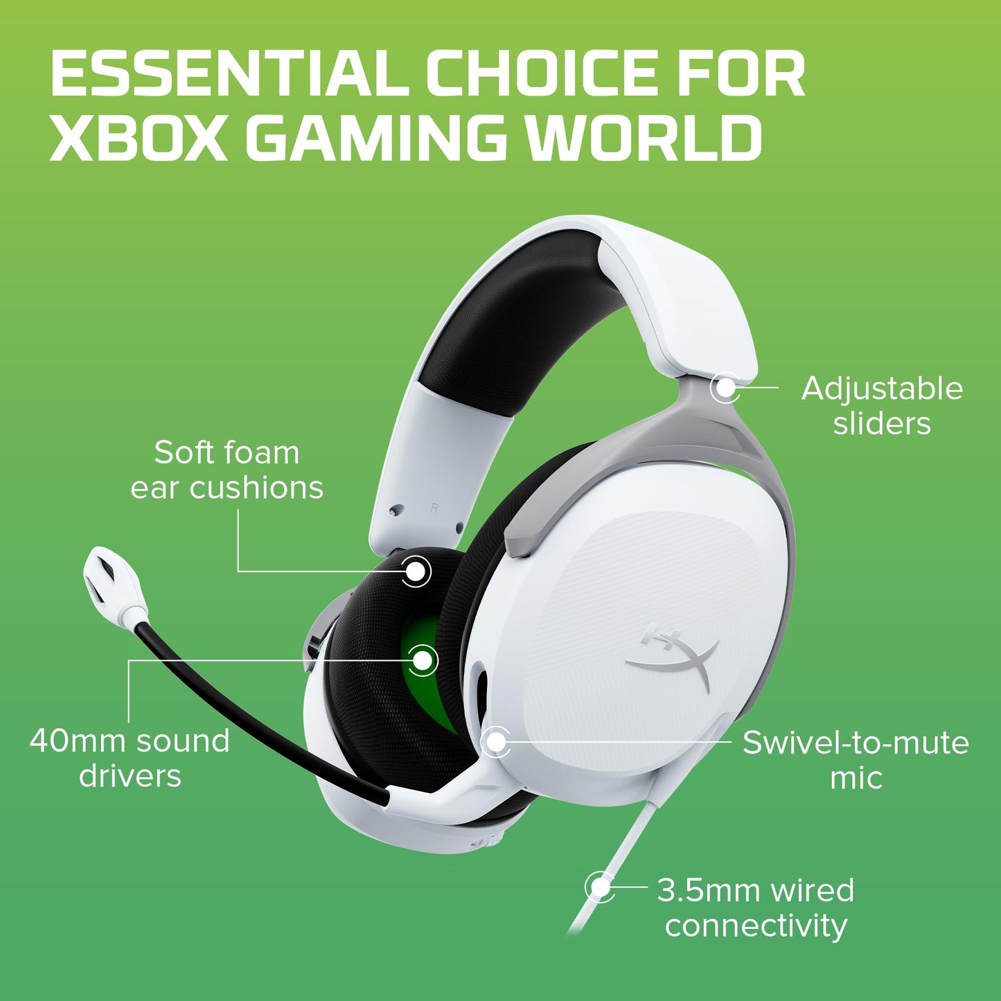 HyperX CloudX Stinger 2 Core - Gaming Headset for Xbox, Lightweight Over-Ear headsets with mic, Swivel-to-Mute Function, 40mm Drivers - White